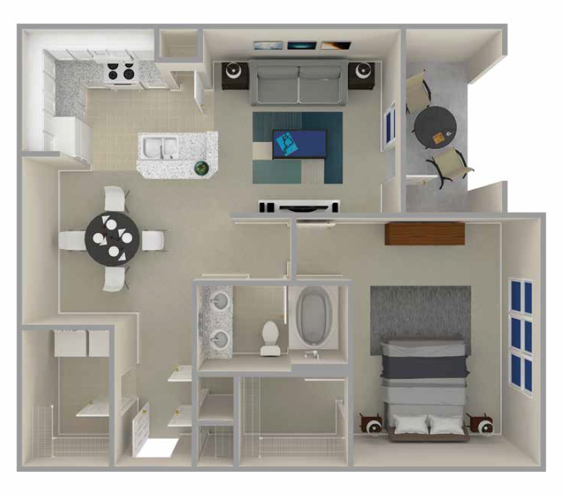 Floor plan for 1 bed, 1 bath, 835 sqft